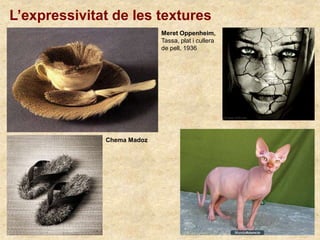 L’expressivitat de les textures
Meret Oppenheim,
Tassa, plat i cullera
de pell, 1936
Chema Madoz
 