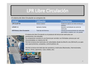 El sistema de Libre Circulación se compone de:
El sistema de Libre Circulación se compone de:
Unidad                                 Utilización                            Prestaciones
LPR CamIP 09                           Interior/ exterior                     Unidad de captura con lente remota por
                                                                              software.
LPOCR 1.5                              Aplicativo Interfaz                    Aplicativo centralizado de control de
                                                                              matriculas
OCR library Libre Circulación          Todo tipo de Entornos                  Librerías de reconocimiento de matriculas
                                                                              para interior o exterior con o sin parada
                      El sistema de Libre Circulación es el producto de lectura de matriculas con
                      prestaciones mas elevadas.
                      Su composición consiste en una licencia por servidor con ilimitadas cámaras por vial
                      (recomendadas un máximo de 14) 
                      Permite la lectura de matriculas con velocidades desde los 0km/h a los 250 km/h y es apto
                      para aparcamientos, autopistas, control policial, etc.

                      Permite la lectura de todo tipo de caracteres y matriculas (Nacionales, Internacionales,
                      latinas, chinas, japonesas, rusas, árabes, etc).




                                                                                                                   18
 
