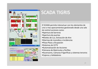 El SCADA permite interactuar con los elementos de 
uno o mas aparcamientos gestionado desde una sala 
de control acciones como:
Apertura de barreras
Apertura de puertas
 A         d
Niveles de Luz, Extracción de Aire
Alarmas de incendios e incidencias
Plaza Plaza O pa ión
Pla a Pla a y Ocupación
Sistemas de CCTV
Automatización de Acciones
Cámaras de Matriculas y Perfiles
Cámaras de Matriculas y Perfiles
Ascensores, Cámaras Frigoríficas y sistemas terceros
Cajeros y Validadores


                                                 29
 