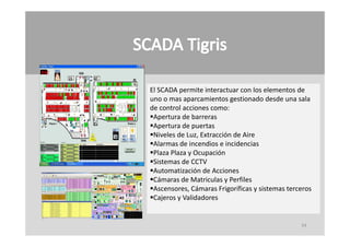 El SCADA permite interactuar con los elementos de 
uno o mas aparcamientos gestionado desde una sala 
de control acciones como:
Apertura de barreras
Apertura de puertas
 A         d
Niveles de Luz, Extracción de Aire
Alarmas de incendios e incidencias
Plaza Plaza O pa ión
Pla a Pla a y Ocupación
Sistemas de CCTV
Automatización de Acciones
Cámaras de Matriculas y Perfiles
Cámaras de Matriculas y Perfiles
Ascensores, Cámaras Frigoríficas y sistemas terceros
Cajeros y Validadores


                                                 54
 