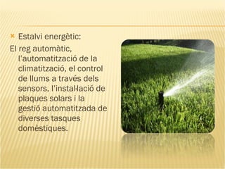 Estalvi energètic: El reg automàtic, l’automatització de la climatització, el control de llums a través dels sensors, l’instal·lació de plaques solars i la gestió automatitzada de diverses tasques domèstiques. 