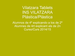 Vilatzara Tablets 
INS VILATZARA 
Plástica/Plàstica 
Alumnos de 4º explicando a los de 2º 
Alumnes de 4rt explicant als de 2n 
Curso/Curs 2014/15 
 