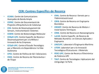 CER: Centres Específics de Recerca
•   CCABA. Centre de Comunicacions                  • CRAL. Centre de Recerca i Serveis per a
    Avançades de Banda Ampla                            l'Administració Local
•   CDPAC. Centre de Documentació de                •   CREB. Centre de Recerca en Enginyeria
    Projectes d’Arquitectura de Catalunya               Biomèdica
•   CD6. Centre de Desenvolupament de               •   CREMIT. Centre de Recerca de Motors i
    Sensors, Instrumentació i Sistemes                  Instal·lacions Tèrmiques
•   CEBIM. Centre de Biotecnologia Molecular        •   CRNE. Centre de Recerca en Nanoenginyeria
•   CERpIE-UPC. Centre Específic de Recerca i       •   LaCàN. Centre Específic de Recerca de
    Desenvolupament per a la Millora i                  Mètodes Numèrics en Ciències Aplicades i
    Innovació de les Empreses                           Enginyeria
•   CETpD-UPC. Centre d’Estudis Tecnològics         •   LIM/UPC. Laboratori d’Enginyeria Marítima
    per a l’Atenció a la Dependència i la Vida      •   LITEM. Laboratori per a la Innovació
    Autònoma                                            Tecnològica d’Estructures i Materials
•   CPSV. Centre de Política de Sòl i Valoracions   •   PERC-UPC. Centre de Recerca d’Electrònica
•   CRAE. Centre de Recerca de l’Aeronàutica i          de Potència UPC
    de l’Espai                                      •   TALP. Centre de Tecnologies i Aplicacions del
                                                        Llenguatge i la Parla
 