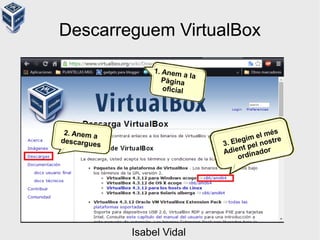 e
Descarreguem VirtualBox
1. Anem a la
Pàgina
oficial
2. Anem a
descargues 3. Elegim el més
Adient pel nostre
ordinador
Descarreguem VirtualBox
Isabel Vidal
 