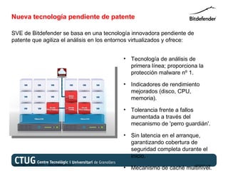 Nueva tecnología pendiente de patente

SVE de Bitdefender se basa en una tecnología innovadora pendiente de
patente que agiliza el análisis en los entornos virtualizados y ofrece:


                                                   • Tecnología de análisis de
                                                     primera línea; proporciona la
                                                     protección malware nº 1.

                                                   • Indicadores de rendimiento
                                                     mejorados (disco, CPU,
                                                     memoria).

                                                   • Tolerancia frente a fallos
                                                     aumentada a través del
                                                     mecanismo de 'perro guardián'.

                                                   • Sin latencia en el arranque,
                                                     garantizando cobertura de
                                                     seguridad completa durante el
                                                     inicio.
Copyright@bitdefender 2011 / www.bitdefender.com                              03/05/12 • 10
                                                   • Mecanismo de caché multinivel.
 