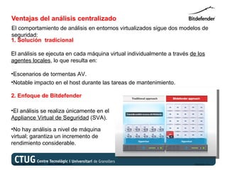Ventajas del análisis centralizado
El comportamiento de análisis en entornos virtualizados sigue dos modelos de
seguridad:
1. Solución tradicional

El análisis se ejecuta en cada máquina virtual individualmente a través de los
agentes locales, lo que resulta en:

•Escenarios de tormentas AV.
•Notable impacto en el host durante las tareas de mantenimiento.

2. Enfoque de Bitdefender

•El análisis se realiza únicamente en el
Appliance Virtual de Seguridad (SVA).

•No hay análisis a nivel de máquina
virtual; garantiza un incremento de
rendimiento considerable.


Copyright@bitdefender 2011 / www.bitdefender.com                         03/05/12 • 11
 