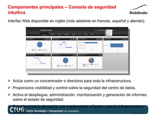 Componentes principales – Consola de seguridad
intuitiva
Interfaz Web disponible en inglés (más adelante en francés, español y alemán).




 Actúa como un concentrador o directorio para toda la infraestructura.
 Proporciona visibilidad y control sobre la seguridad del centro de datos.
 Activa el despliegue, administración, monitorización y generación de informes
  sobre el estado de seguridad.
 Soporta el inicio de sesión con credenciales vCenter para la infraestructura
     Vmware.
Copyright@bitdefender 2011 / www.bitdefender.com                         03/05/12 • 18
 