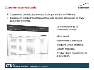 Cuarentena centralizada

    Cuarentena centralizada en cada SVA para entornos VMware.
    Cuarentena local administrada a través de agentes silenciosos en VMs
     para otros entornos.

                                                   La información de la
                                                   cuarentena incluye:

                                                   -Ruta inicial.
                                                   -Nombre de la amenaza.
                                                   -Máquina virtual afectada.
                                                   -Acción realizada.
                                                   -Fecha y hora (timestamp) de
                                                   la detección.



Copyright@bitdefender 2011 / www.bitdefender.com                          03/05/12 • 25
 