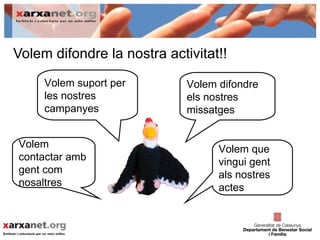 Volem difondre la nostra activitat!!
     Volem suport per        Volem difondre
     les nostres             els nostres
     campanyes               missatges


Volem                              Volem que
contactar amb                      vingui gent
gent com                           als nostres
nosaltres                          actes
 