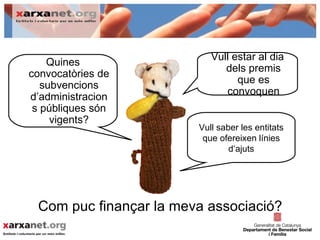 Vull estar al dia
    Quines
                              dels premis
convocatòries de
                                 que es
   subvencions
                              convoquen
d’administracion
 s públiques són
     vigents?
                        Vull saber les entitats
                         que ofereixen línies
                                d’ajuts




 Com puc finançar la meva associació?
 