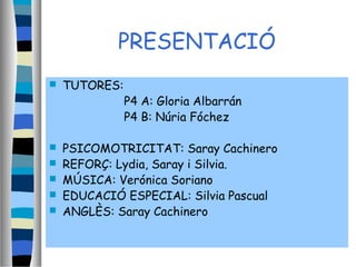 PRESENTACIÓ
 TUTORES:
P4 A: Gloria Albarrán
P4 B: Núria Fóchez
 PSICOMOTRICITAT: Saray Cachinero
 REFORÇ: Lydia, Saray i Silvia.
 MÚSICA: Verónica Soriano
 EDUCACIÓ ESPECIAL: Silvia Pascual
 ANGLÈS: Saray Cachinero
 