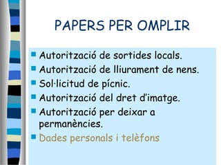 PAPERS PER OMPLIR
 Autorització de sortides locals.
 Autorització de lliurament de nens.
 Sol·licitud de pícnic.
 Autorització del dret d’imatge.
 Autorització per deixar a
permanències.
 Dades personals i telèfons
 