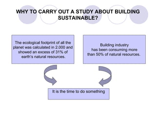 WHY TO CARRY OUT A STUDY ABOUT BUILDING
              SUSTAINABLE?



 The ecological footprint of all the
                                                 Building industry
planet was calculated in 2.000 and
                                            has been consuming more
   showed an excess of 31% of
                                          than 50% of natural resources.
     earth’s natural resources.




                       It is the time to do something
 