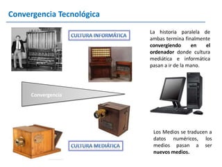 Convergencia Tecnológica
                           La historia paralela de
                           ambas termina finalmente
                           convergiendo      en   el
                           ordenador donde cultura
                           mediática e informática
                           pasan a ir de la mano.




     Convergencia




                            Los Medios se traducen a
                            datos numéricos, los
                            medios pasan a ser
                            nuevos medios.
 