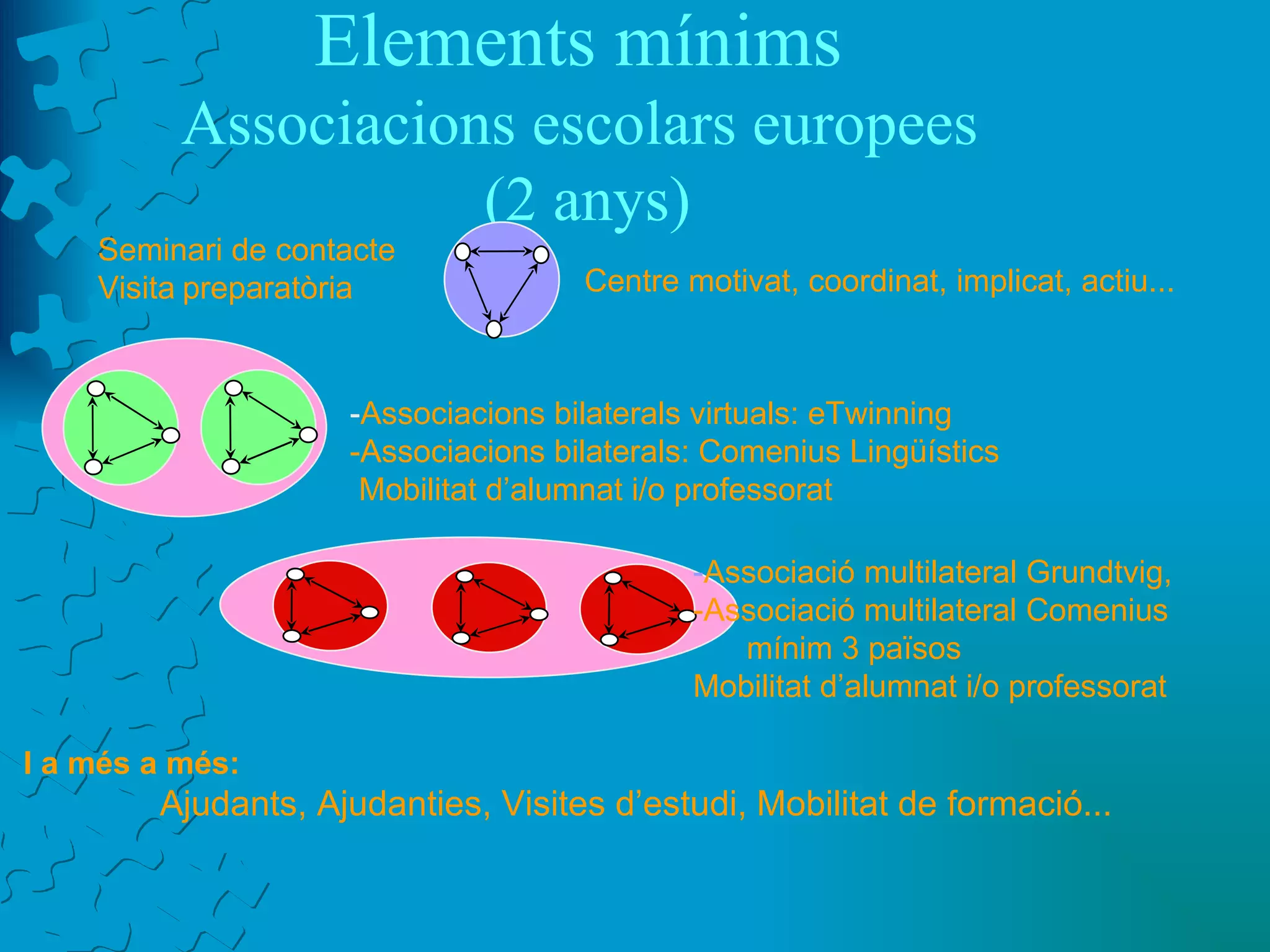 Elements mínims  Associacions   escolars europees  (2 anys) Seminari de contacte Visita   preparatòria I a més a més:   Ajudants, Ajudanties, Visites d’estudi, Mobilitat de formació... Centre motivat, coordinat, implicat, actiu... - Associacions bilaterals virtuals: eTwinning -Associacions bilaterals: Comenius Lingüístics Mobilitat d’alumnat i/o professorat - Associació multilateral Grundtvig,  -Associació multilateral Comenius mínim 3 països  Mobilitat d’alumnat i/o professorat 