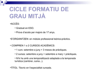 CICLE FORMATIU DE  GRAU MITJÀ ACCÉS: Graduat en ESO. Prova d’accés per majors de 17 anys. S’ORGANITZEN: en mòduls professional teòrico-pràctics. COMPREN 1 o 2 CURSOS ACADÈMICS:  1 curs: setembre a juny + 3 mesos de pràctiques. 2 cursos: setembre a juny + setembre a març + pràctiques. N’hi ha amb una temporalització adaptada a la temporada turística (cambrer, cuina...).  TÍTOL: Tècnic en l’especialitat cursada. 