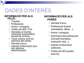 DADES D’INTERÈS INFORMACIÓ PER ALS FILLS: Tutories. Professorat. Amics i coneguts. Visites als IES / Fira Xerrades al Centre: motivació universitària, escoal de turisme... Taula rodona amb ex-alumnes del centre. Xerrada d’avui. Llibrets d’informació (ara són adreces electròniques) . … INFORMACIÓ PER ALS PARES: Xerrada d’avui. Professorat (tutora/ orientadora, altres…). Amics i coneguts. Informació del professorat (Consell orientador, avaluació, test...). Llibrets d’informació (adreces). Visites als IES (poden anar-hi). … 