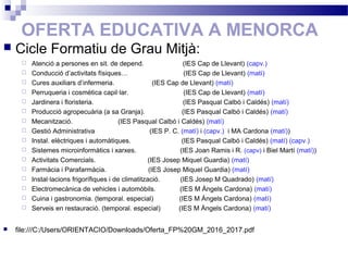 OFERTA EDUCATIVA A MENORCA
 Cicle Formatiu de Grau Mitjà:
 Atenció a persones en sit. de depend. (IES Cap de Llevant) (capv.)
 Conducció d’activitats físiques… (IES Cap de Llevant) (matí)
 Cures auxiliars d’infermeria. (IES Cap de Llevant) (matí)
 Perruqueria i cosmètica capil·lar. (IES Cap de Llevant) (matí)
 Jardinera i floristeria. (IES Pasqual Calbó i Caldés) (matí)
 Producció agropecuària (a sa Granja). (IES Pasqual Calbó i Caldés) (matí)
 Mecanització. (IES Pasqual Calbó i Caldés) (matí)
 Gestió Administrativa (IES P. C. (matí) i (capv.) i MA Cardona (matí))
 Instal. elèctriques i automàtiques. (IES Pasqual Calbó i Caldés) (matí) (capv.)
 Sistemes microinformàtics i xarxes. (IES Joan Ramis i R. (capv) i Biel Martí (matí))
 Activitats Comercials. (IES Josep Miquel Guardia) (matí)
 Farmàcia i Parafarmàcia. (IES Josep Miquel Guardia) (matí)
 Instal·lacions frigorífiques i de climatització. (IES Josep M Quadrado) (matí)
 Electromecànica de vehicles i automòbils. (IES M Àngels Cardona) (matí)
 Cuina i gastronomia. (temporal. especial) (IES M Àngels Cardona) (matí)
 Serveis en restauració. (temporal. especial) (IES M Àngels Cardona) (matí)
 file:///C:/Users/ORIENTACIO/Downloads/Oferta_FP%20GM_2016_2017.pdf
 