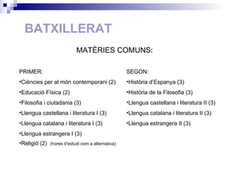 BATXILLERAT PRIMER: Ciències per al món contemporani (2) Educació Física (2) Filosofia i ciutadania (3) Llengua castellana i literatura I (3) Llengua catalana i literatura I (3) Llengua estrangera I (3) Religió (2)  (hores d’estudi com a alternativa) MATÈRIES COMUNS: SEGON: Història d’Espanya (3) Història de la Filosofia (3) Llengua castellana i literatura II (3)  Llengua catalana i literatura II (3) Llengua estrangera II (3) 