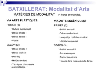 BATXILLERAT: Modalitat d’Arts MATÈRIES DE MODALITAT  (4 hores setmanals) : VIA ARTS PLÀSTIQUES: PRIMER (3): Cultura audiovisual Dibuix artístic I Dibuix Tècnic I Volum SEGON (3): Dibuix artístic II Dibuix tècnic II Disseny Història de l’art Tècniques d’expressió graficoplàstica VIA ARTS ESCÈNIQUES: PRIMER (3): Anàlisi musical I Cultura audiovisual Llenguatge i pràctica musical Literatura universal SEGON (3): Anàlisi musical II Arts escèniques Anatomia aplicada Història de la música i de la dansa 