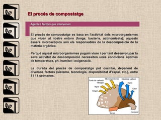 El procés de compostatge

 Agents I factors que intervenen


 El procés de compostatge es basa en l'activitat dels microorganismes
 que viuen al nostre entorn (fongs, bacteris, actinomicets); aquests
 éssers microscòpics són els responsables de la descomposició de la
 matèria orgànica.

 Perquè aquest microorganismes puguin viure i per tant desenvolupar la
 seva activitat de descomposició necessiten unes condicions òptimes
 de temperatura, ph, humitat i oxigenació.

 La durada del procés de compostatge pot oscil·lar, depenent de
 diversos factors (sistema, tecnologia, disponibilitat d'espai, etc.), entre
 8 i 14 setmanes.
 