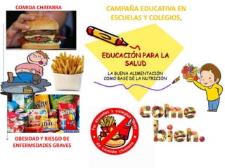 OBESIDAD Y RIESGO DE
ENFERMEDADES GRAVES
CAMPAÑA EDUCATIVA EN
ESCUELAS Y COLEGIOS,
COMIDA CHATARRA
 