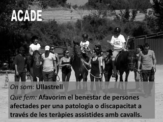 On som: Ullastrell
Que fem: Afavorim el benestar de persones
afectades per una patologia o discapacitat a
través de les teràpies assistides amb cavalls.

 