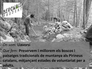 On som: Llavorsí
Que fem: Preservem i millorem els boscos i
paisatges tradicionals de muntanya als Pirineus
catalans, mitjançant estades de voluntariat per a
adults.

 