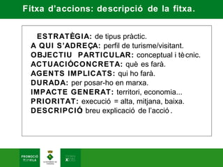 Fitxa d’accions: descripció de la fitxa.


   ESTRATÈGIA: de tipus pràctic.
 A QUI S’ADREÇA: perfil de turisme/visitant.
 OBJECTIU PARTICULAR: conceptual i tè cnic.
 ACTUACIÓCONCRETA: què es farà.
 AGENTS IMPLICATS: qui ho farà.
 DURADA: per posar-ho en marxa.
 IMPACTE GENERAT: territori, economia...
 PRIORITAT: execució = alta, mitjana, baixa.
 DESCRIPCIÓ breu explicació de l’acció .
            :
 