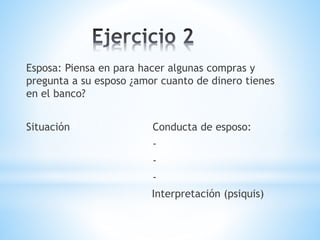 Esposa: Piensa en para hacer algunas compras y
pregunta a su esposo ¿amor cuanto de dinero tienes
en el banco?
Situación Conducta de esposo:
-
-
-
Interpretación (psiquis)
 