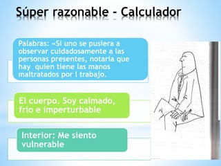 Súper razonable - Calculador
Palabras: «Si uno se pusiera a
observar cuidadosamente a las
personas presentes, notaria que
hay quien tiene las manos
maltratados por l trabajo.
El cuerpo. Soy calmado,
frío e imperturbable
Interior: Me siento
vulnerable
 