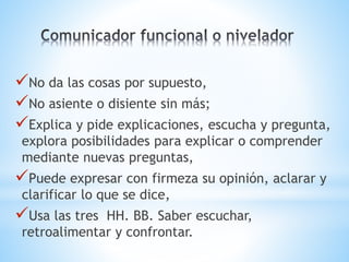 No da las cosas por supuesto,
No asiente o disiente sin más;
Explica y pide explicaciones, escucha y pregunta,
explora posibilidades para explicar o comprender
mediante nuevas preguntas,
Puede expresar con firmeza su opinión, aclarar y
clarificar lo que se dice,
Usa las tres HH. BB. Saber escuchar,
retroalimentar y confrontar.
 