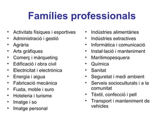 Famílies professionals
• Activitats físiques i esportives
• Administració i gestió
• Agrària
• Arts gràfiques
• Comerç i màrqueting
• Edificació i obra civil
• Electricitat i electrònica
• Energia i aigua
• Fabricació mecànica
• Fusta, moble i suro
• Hoteleria i turisme
• Imatge i so
• Imatge personal
• Indústries alimentàries
• Indústries extractives
• Informàtica i comunicació
• Instal·lació i manteniment
• Marítimopesquera
• Química
• Sanitat
• Seguretat i medi ambient
• Serveis socioculturals i a la
comunitat
• Tèxtil, confecció i pell
• Transport i manteniment de
vehicles
 