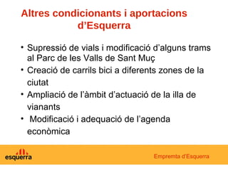 Altres condicionants i aportacions d’Esquerra Supressió de vials i modificació d’alguns trams al Parc de les Valls de Sant Muç Creació de carrils bici a diferents zones de la ciutat Ampliació de l’àmbit d’actuació de la illa de vianants Modificació i adequació de l’agenda econòmica Empremta d’Esquerra 