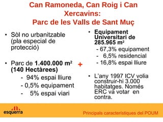 Sòl no urbanitzable (pla especial de protecció)  Parc de  1.400.000 m 2  (140 Hectàrees) -  94% espai lliure - 0,5% equipament -  5% espai viari Equipament Universitari de 285.965 m 2 - 67,3% equipament -  6,5% residencial - 16,8% espai lliure  L’any 1997 ICV volia construir-hi 3.000 habitatges. Només ERC va votar  en contra. Can Ramoneda, Can Roig i Can Xercavins:  Parc de les Valls de Sant Muç + Principals característiques del POUM 