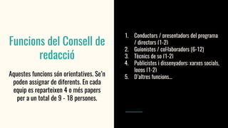 Funcions del Consell de
redacció
Aquestes funcions són orientatives. Se’n
poden assignar de diferents. En cada
equip es reparteixen 4 o més papers
per a un total de 9 - 18 persones.
1. Conductors / presentadors del programa
/ directors (1-2)
2. Guionistes / col·laboradors (6-12)
3. Tècnics de so (1-2)
4. Publicistes i dissenyadors: xarxes socials,
logos (1-2)
5. D’altres funcions...
 