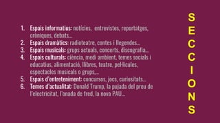 1. Espais informatius: notícies, entrevistes, reportatges,
cròniques, debats...
2. Espais dramàtics: radioteatre, contes i llegendes…
3. Espais musicals: grups actuals, concerts, discografia…
4. Espais culturals: ciència, medi ambient, temes socials i
educatius, alimentació, llibres, teatre, pel·licules,
espectacles musicals o grups,…
5. Espais d’entreteniment: concursos, jocs, curiositats…
6. Temes d’actualitat: Donald Trump, la pujada del preu de
l’electricitat, l’onada de fred, la nova PAU...
S
E
C
C
I
O
N
S
 