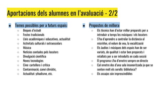 Aportacions dels alumnes en l’avaluació - 2/2
● Temes possibles per a futurs espais:
○ Beques d’estudi
○ Festes tradicionals
○ Lleis acadèmiques i educatives, actualitat
○ Activitats culturals i extraescolars
○ Música
○ Notícies contades pels locutors
○ Divulgació científica
○ Noves tecnologies
○ Cine: cartellera i crítica
○ Contaminació, canvi climàtic,
○ Actualitat: yihadisme, etc.
● Propostes de millora:
○ Els tècnics han d’estar millor preparats per a
introduir a temps les músiques i els locutors
○ S’ha d’aprendre a controlar la distància al
micròfon, el volum de veu, la vocalització
○ Els àudios i músiques dels espais han de ser
variats, de qualitat i estar ben preparats i
retallats per a ser introduïts en cada secció
○ El programa s’ha d’emetre sempre en directe
○ Cal emetre des d’una sala insonoritzada ja que se
senten molt els sorolls: biblioteca?
○ Els assajos són imprescindibles
 