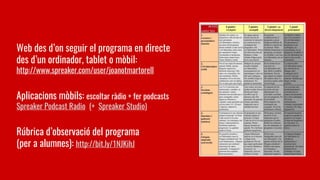 Web des d’on seguir el programa en directe
des d’un ordinador, tablet o mòbil:
http://www.spreaker.com/user/joanotmartorell
Aplicacions mòbils: escoltar ràdio + fer podcasts
Spreaker Podcast Radio (+ Spreaker Studio)
Rúbrica d’observació del programa
(per a alumnes): http://bit.ly/1NJKihJ
 