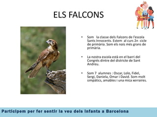 ELS FALCONS Som  la classe dels Falcons de l’escola  Sants Innocents. Estem  al curs 2n  cicle de primària. Som els nois més grans de primària. La nostra escola està en el barri del Congrés dintre del districte de Sant Andreu. Som 7  alumnes : Oscar, Lolo, Fidel, Sergi, Daniela, Omar i David. Som molt simpàtics, amables i una mica xerraires.  