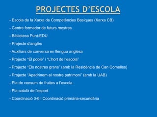 - Escola de la Xarxa de Competències Basiques (Xarxa CB)
- Centre formador de futurs mestres
- Biblioteca Punt-EDU
- Projecte d’anglès
- Auxiliars de conversa en llengua anglesa
- Projecte “El poble” i “L’hort de l’escola”
- Projecte “Els nostres grans” (amb la Residència de Can Comelles)
- Projecte “Apadrinem el nostre patrimoni” (amb la UAB)
- Pla de consum de fruites a l’escola
- Pla català de l’esport
- Coordinació 0-6 i Coordinació primària-secundària

 