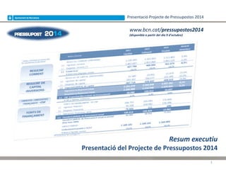 Presentació Projecte de Pressupostos 2014
Resum executiu
Presentació del Projecte de Pressupostos 2014
www.bcn.cat/pressupostos2014
(disponible a partir del dia 9 d’octubre)
1
 