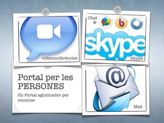 Chat
                                 &




           videoconferències          Skype



Portal per les
PERSONES
Un Portal aglutinador per
reunirse
                                       Mail
 