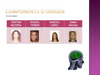 Per odre alfabetic



       CRISTINA      RAQUEL   VANESSA    EMMA
       BECERRA       FERRER    LÓPEZ    MOLINA
 