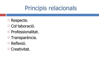 Principis relacionals <ul><li>Respecte. </li></ul><ul><li>Col·laboració. </li></ul><ul><li>Professionalitat. </li></ul><ul...