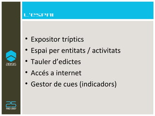 L’espai Expositor tríptics Espai per entitats / activitats Tauler d’edictes Accés a internet Gestor de cues (indicadors) 