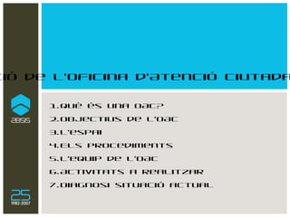 Creació de l’Oficina d’Atenció Ciutadana OAC  Què és una OAC? Objectius de l’OAC L’espai Els procediments L’equip de l’OAC Activitats a realitzar Diagnosi situació actual 