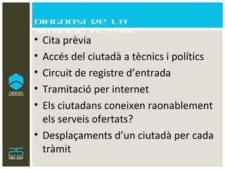 Diagnosi de la situació actual Cita prèvia Accés del ciutadà a tècnics i polítics Circuit de registre d’entrada  Tramitació per internet Els ciutadans coneixen raonablement els serveis ofertats? Desplaçaments d’un ciutadà per cada tràmit 