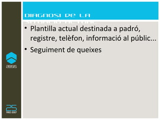 Diagnosi de la situació actual Plantilla actual destinada a padró, registre, telèfon, informació al públic... Seguiment de queixes 