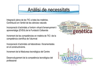 ContextualitzacióEscola Ramon Fuster; Bellaterra (Cerdanyola)El Projecte Educatiu de Centre (PEC) té com a principal objectiu aconseguir la formació integral de l’individu i conduir els alumnes a l’edat adulta en les millors condicions possibles. Es concedeix molta importància a l’ús i la integració de les TIC en el desplegament i concreció del currículum educatiu